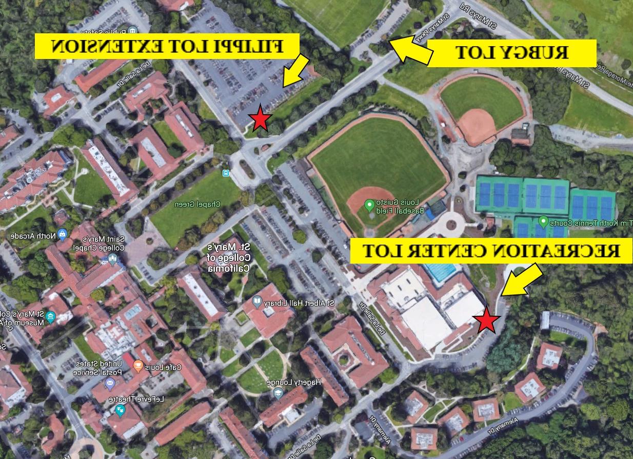 a map indicating the visitor parking lots of Ruby Log, Filippi Lot Extension, and Recreation Center Lot